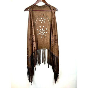 Vintage Style Brown Faux Suede Vest With Fringe & Laser Cut Design